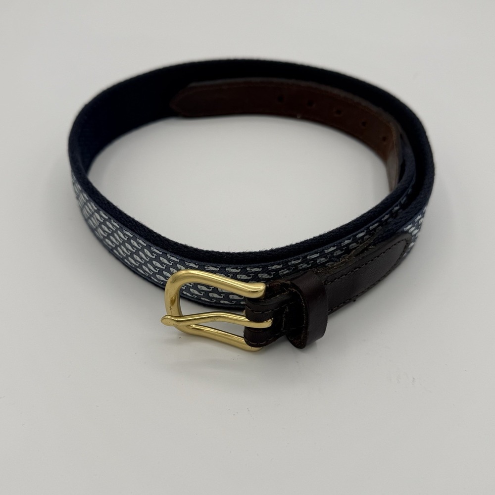 Vineyard Vines Boys Whale Canvas Belt Blue Leather Trim 34 Inch Gold Buckle